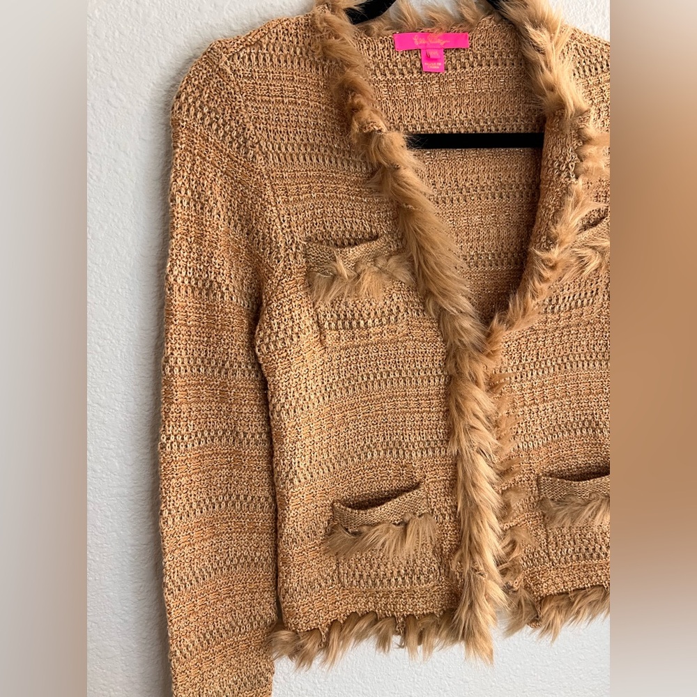 Lilly Pulitzer Preona Gold Metallic Cardigan Sweater with Faux Fur Trim XXS. - Picture 5 of 11